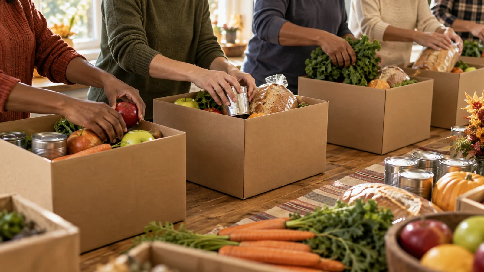 Volunteers packing produce and pantry food into plain holiday meal boxes