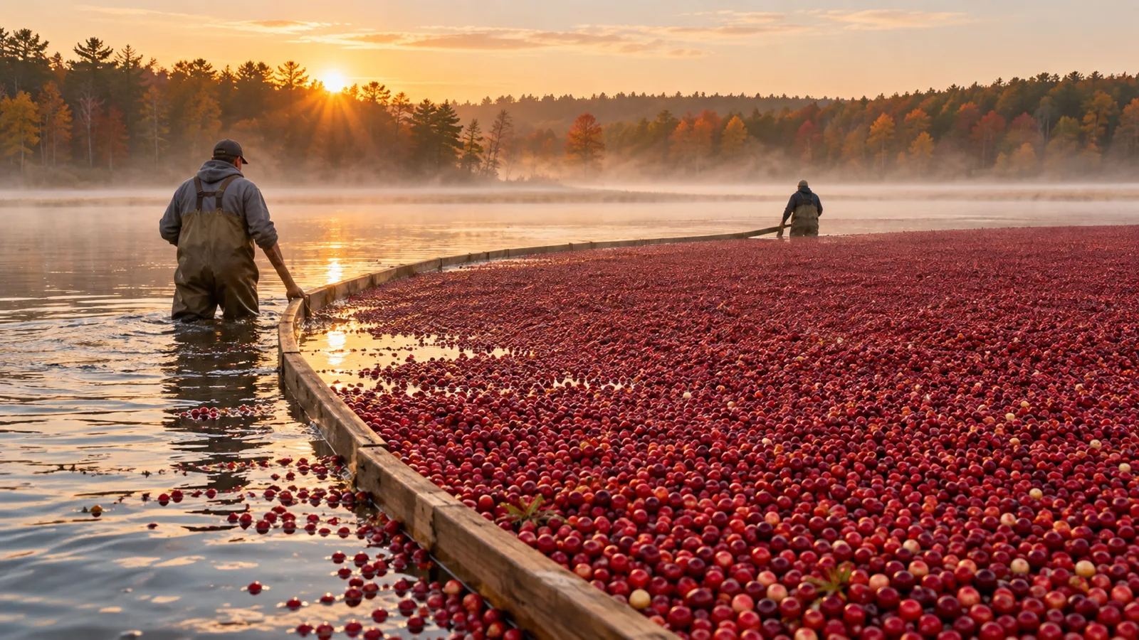 Workers guiding floating cranberries across a misty bog at sunrise