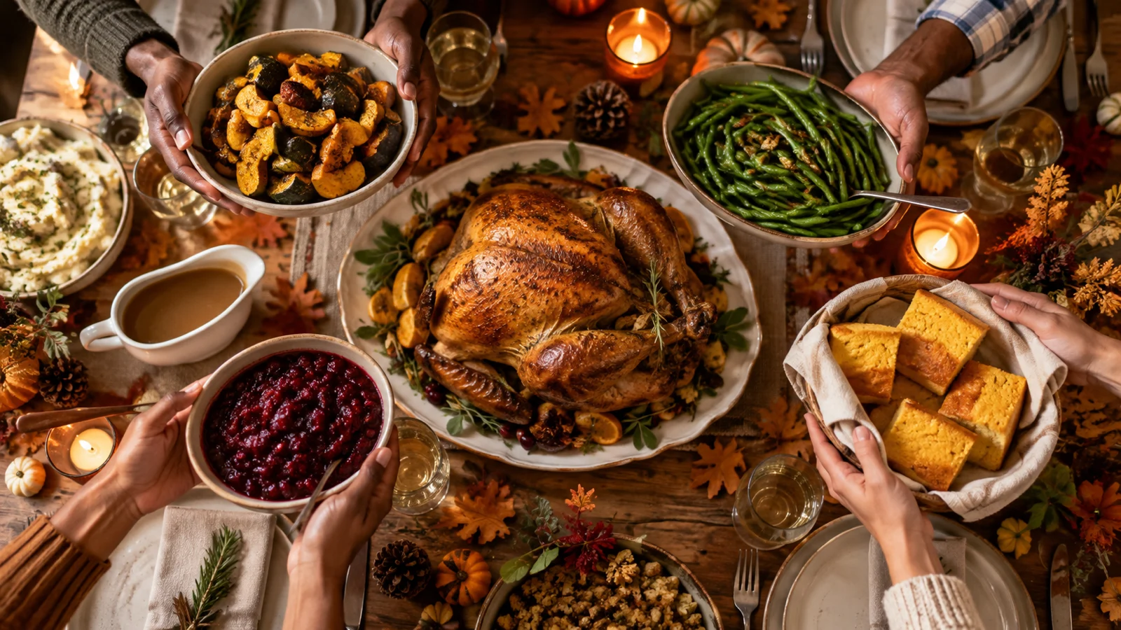 Hands passing autumn dishes around a warmly lit Thanksgiving table