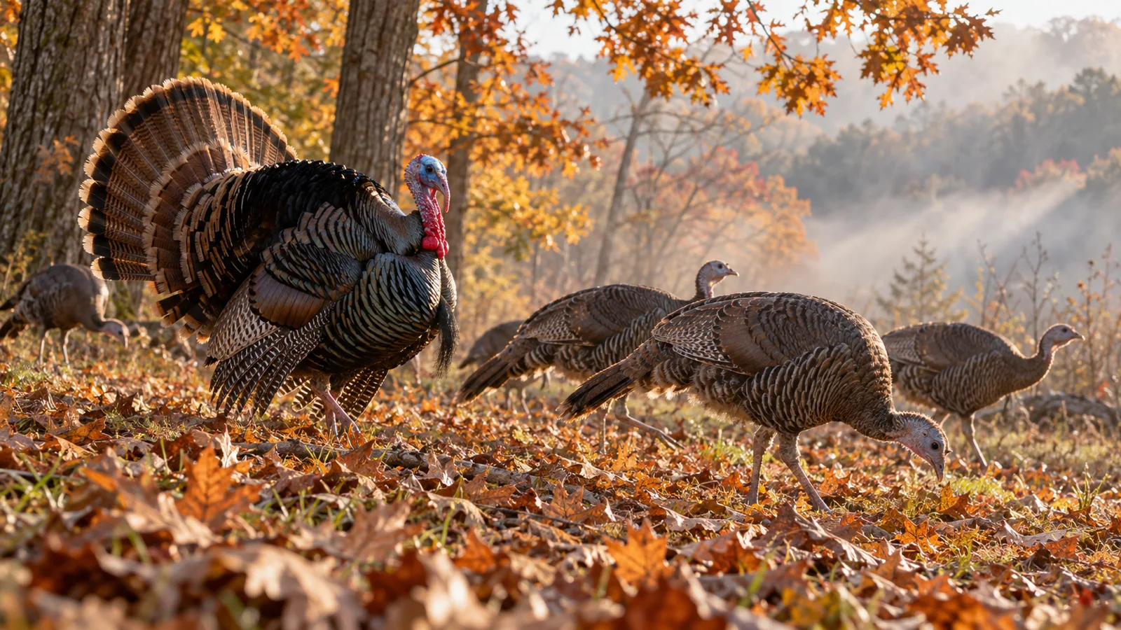 Wild turkey flock foraging in a sunlit autumn oak woodland