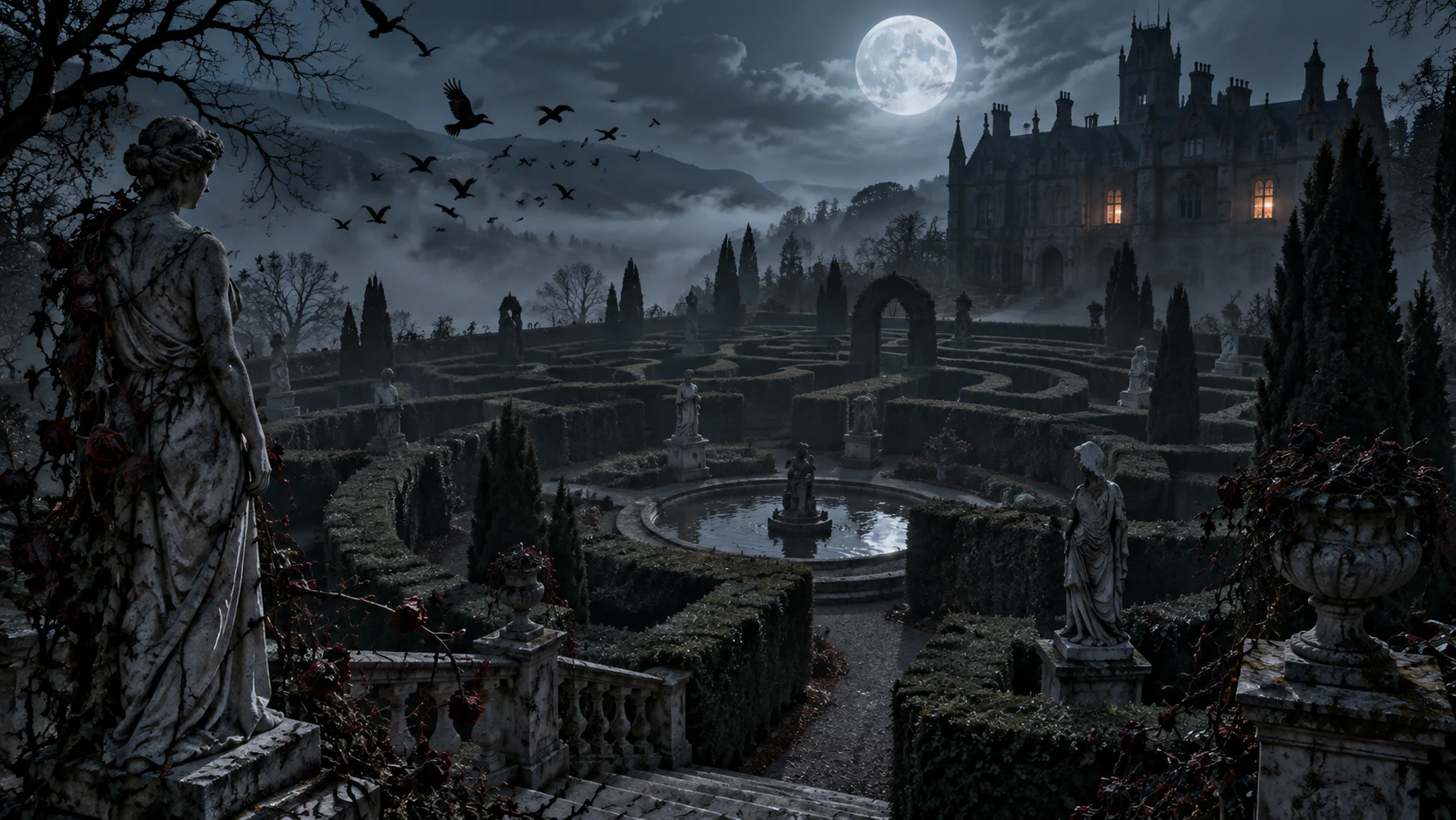 Moonlit estate maze for 120 The Addams Family trivia