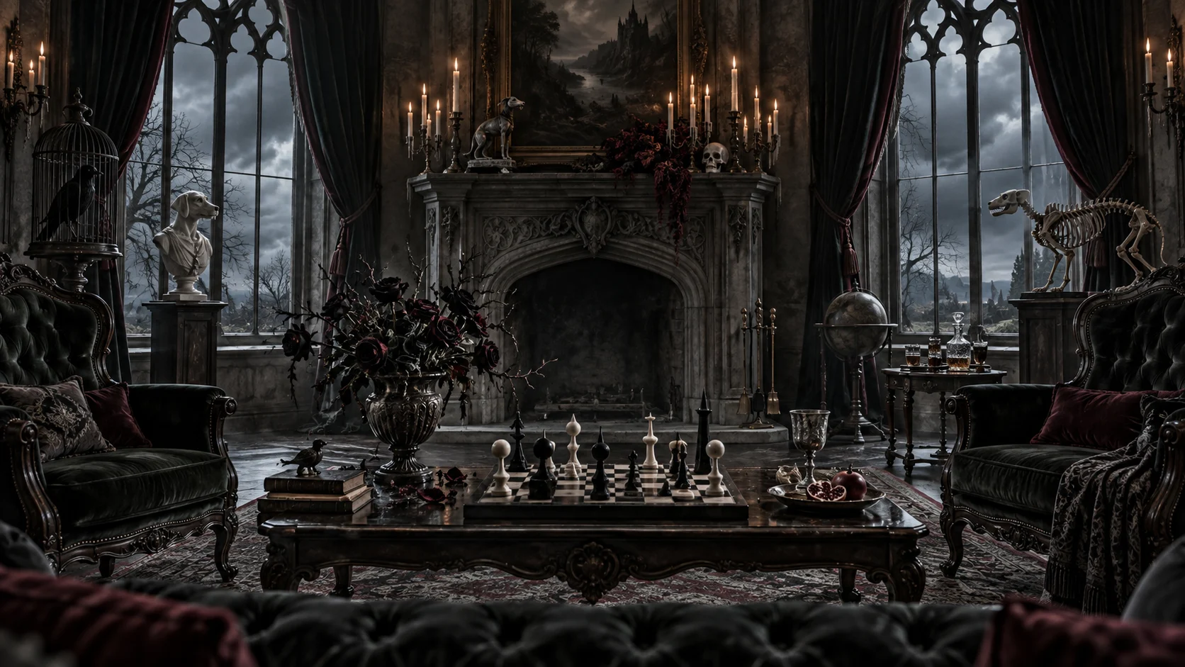 Stormlit gothic parlor for 120 The Addams Family trivia
