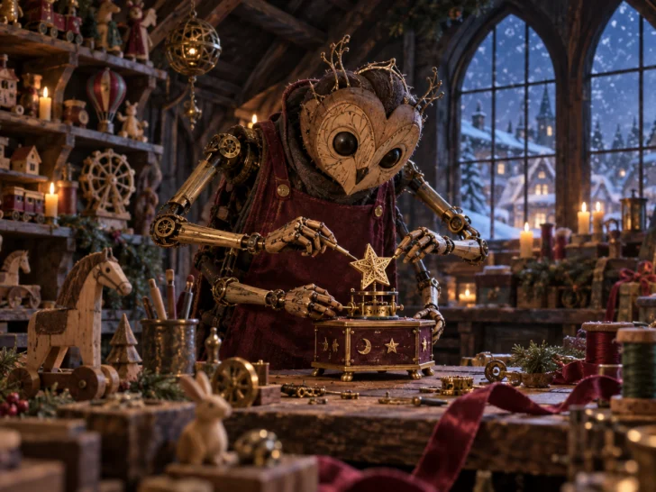 Candlelit clockwork toy-maker workshop