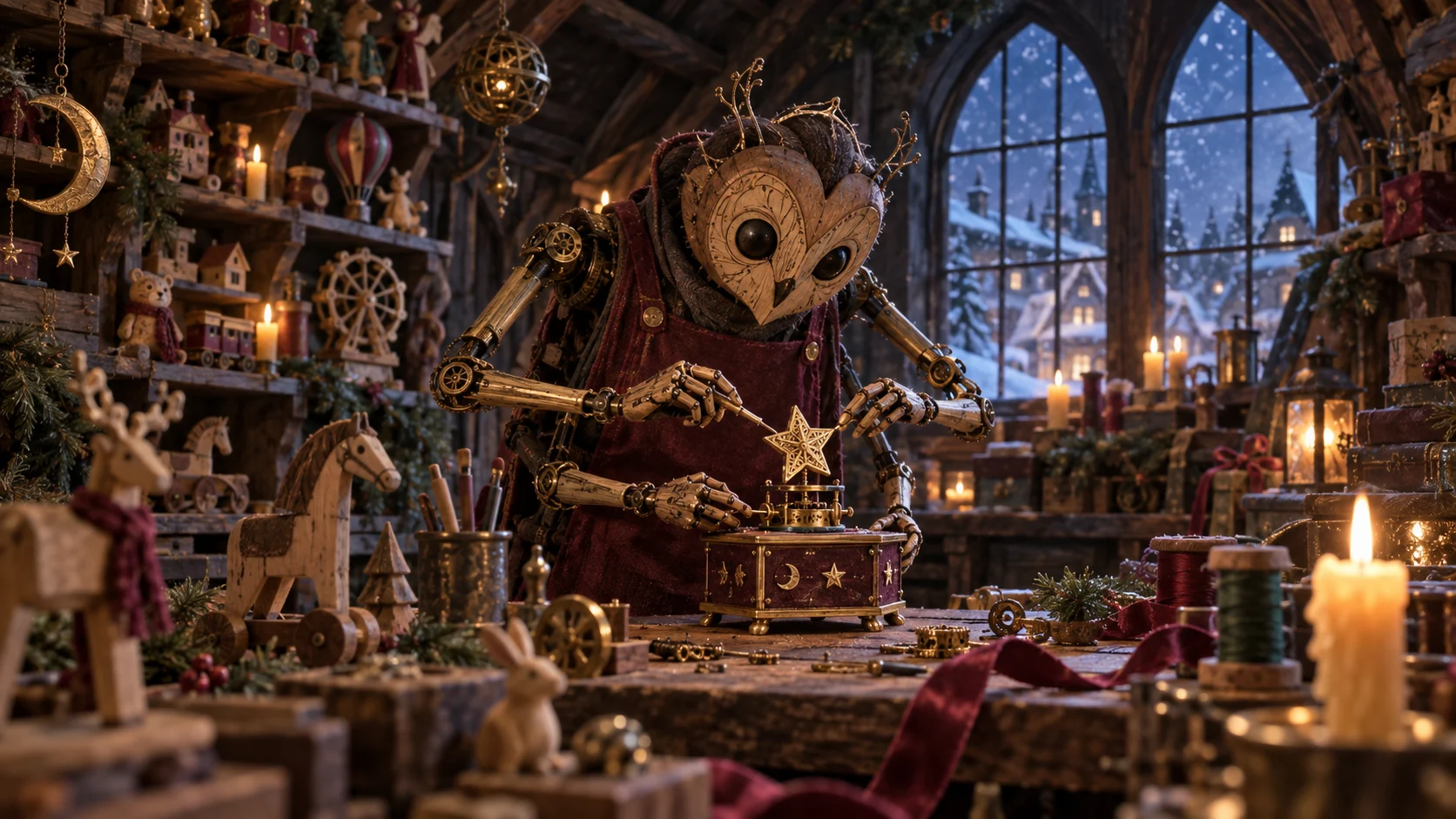 Candlelit clockwork toy-maker workshop