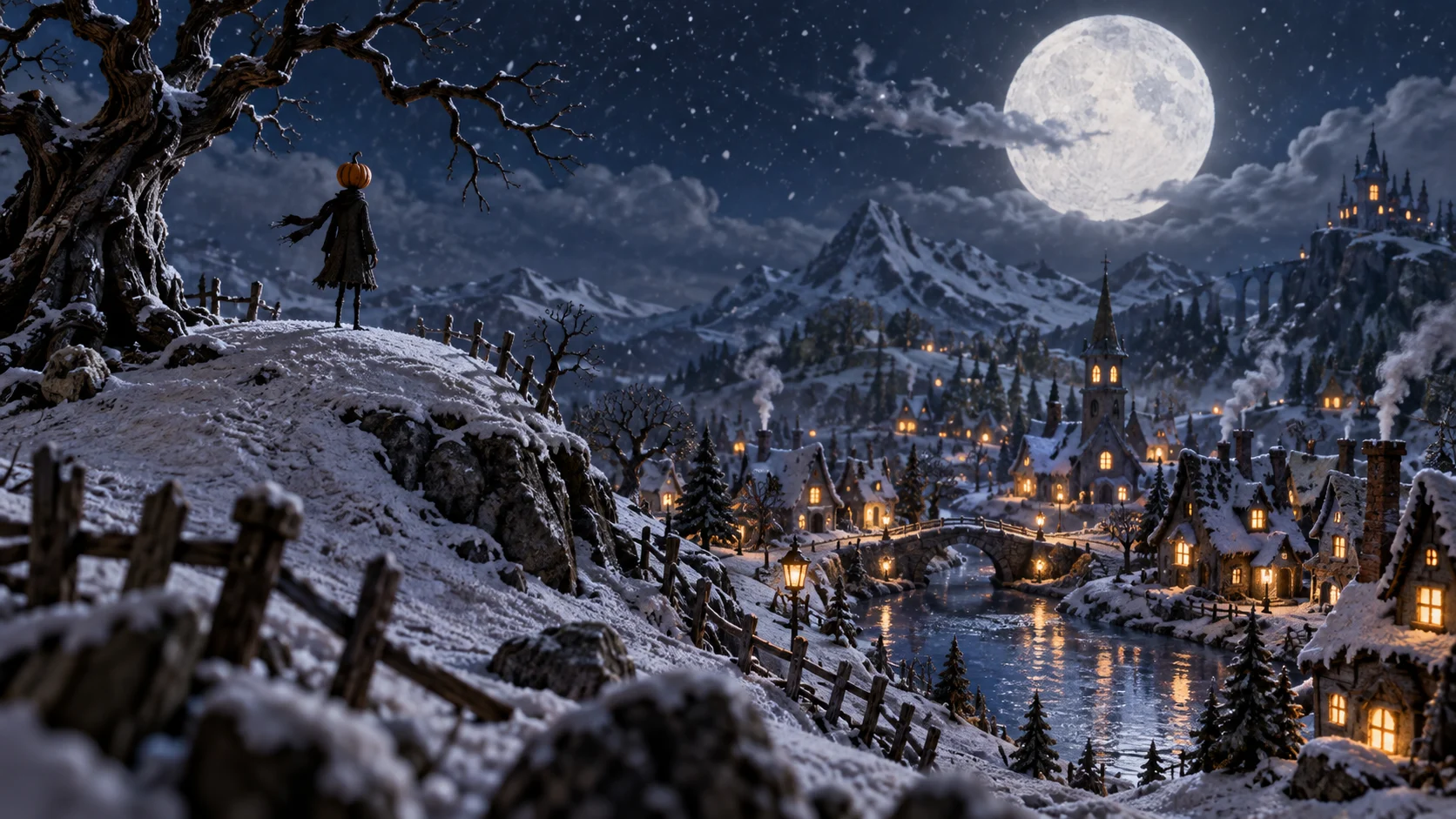 Moonlit hill overlooking a snowy lantern-lit village