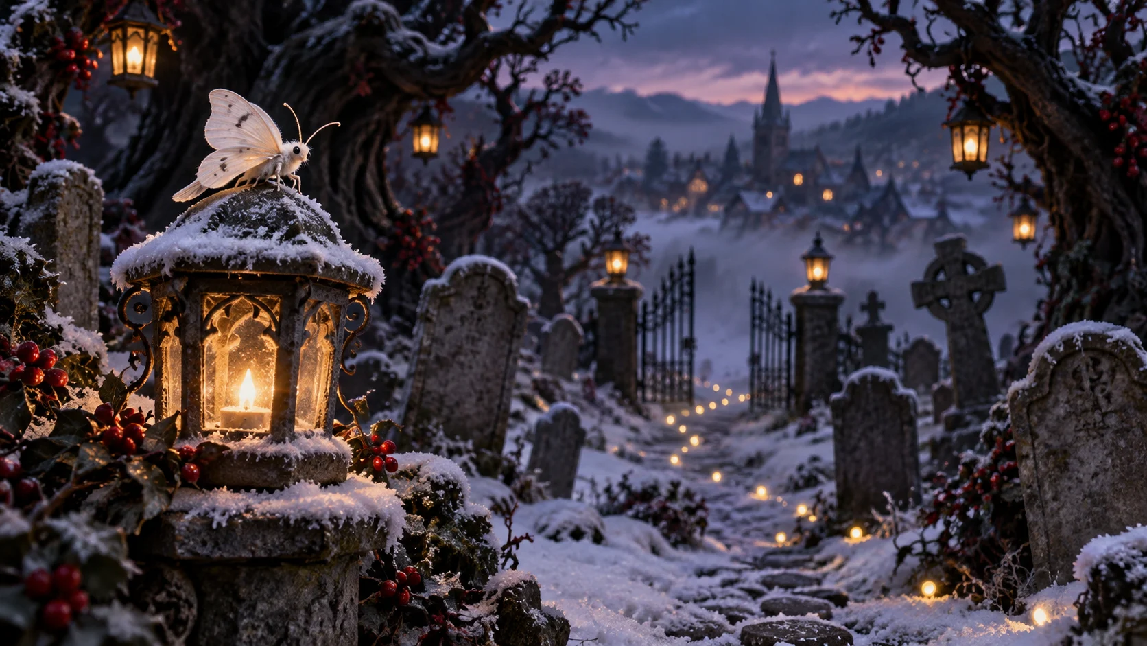 Snowy gothic cemetery with luminous moth