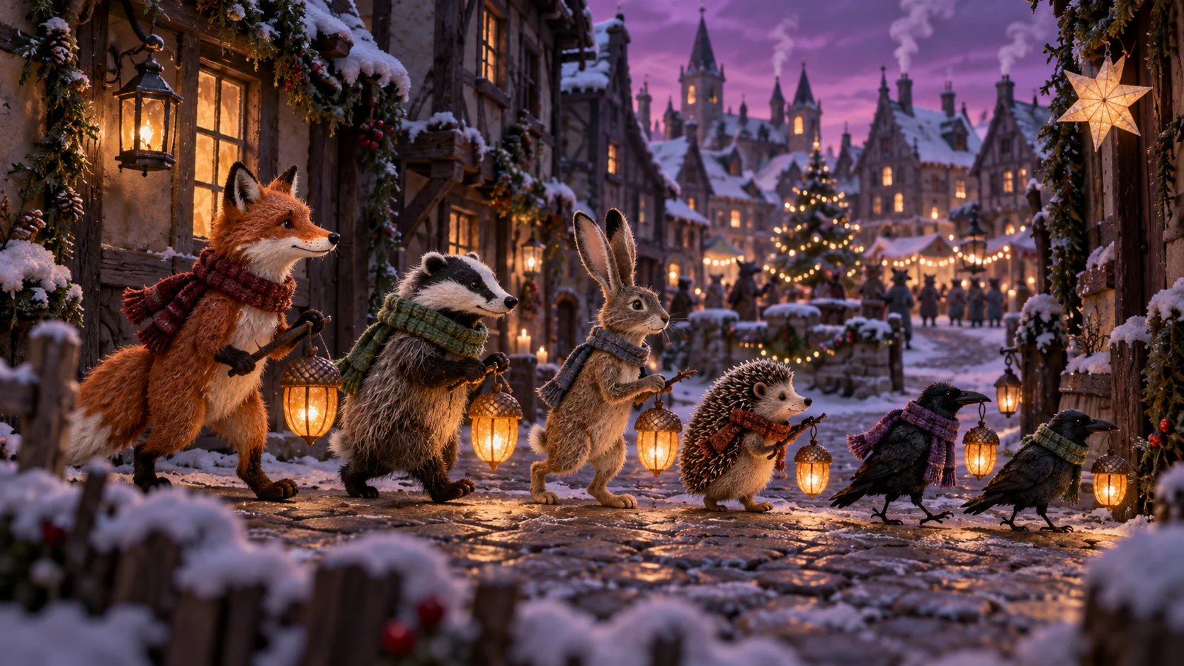 Woodland animals carrying lanterns through a winter town