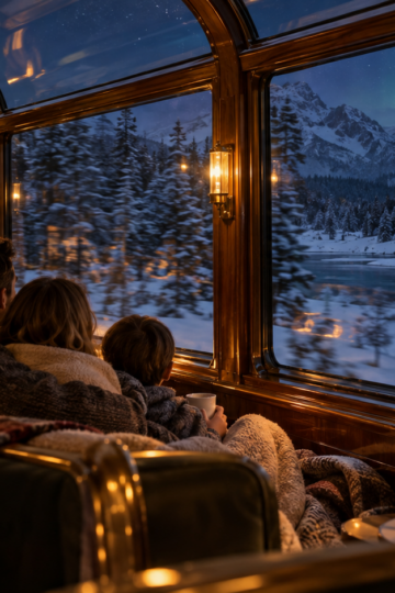 A family watches an aurora from a warm glass-roofed railway lounge.