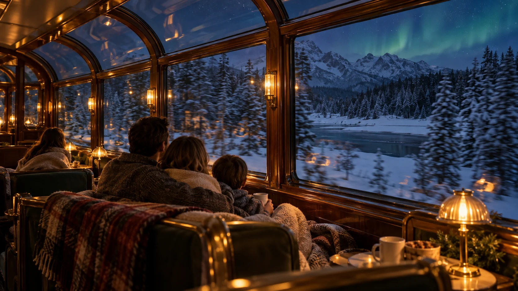 A family watches an aurora from a warm glass-roofed railway lounge.