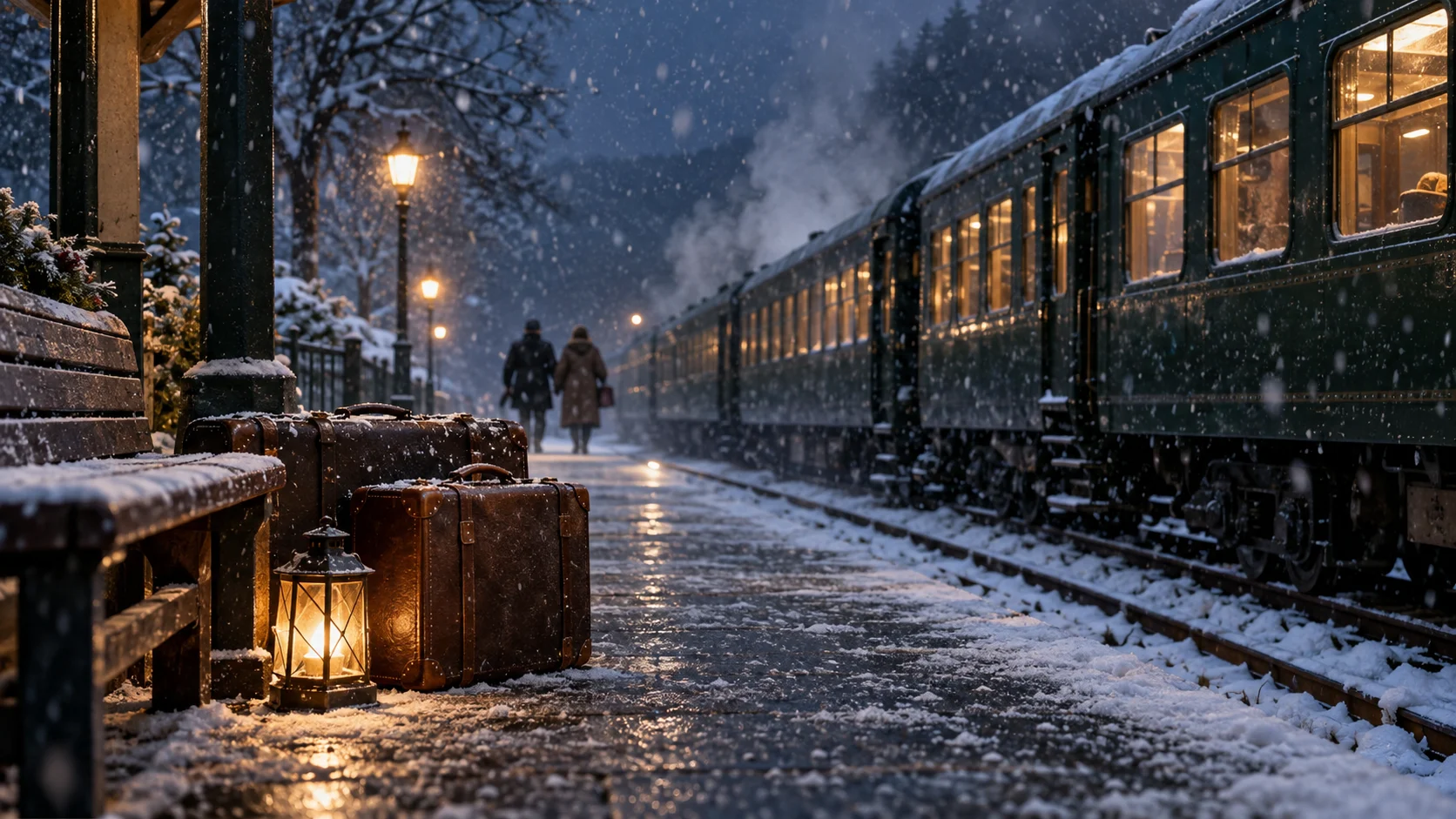 Plain luggage and a lantern wait beside an unmarked train on a snowy platform.