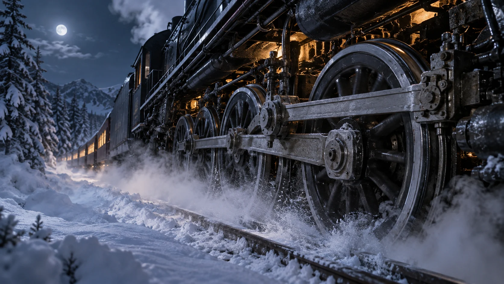 Steam billows around a locomotive's driving wheels in moonlit snow.