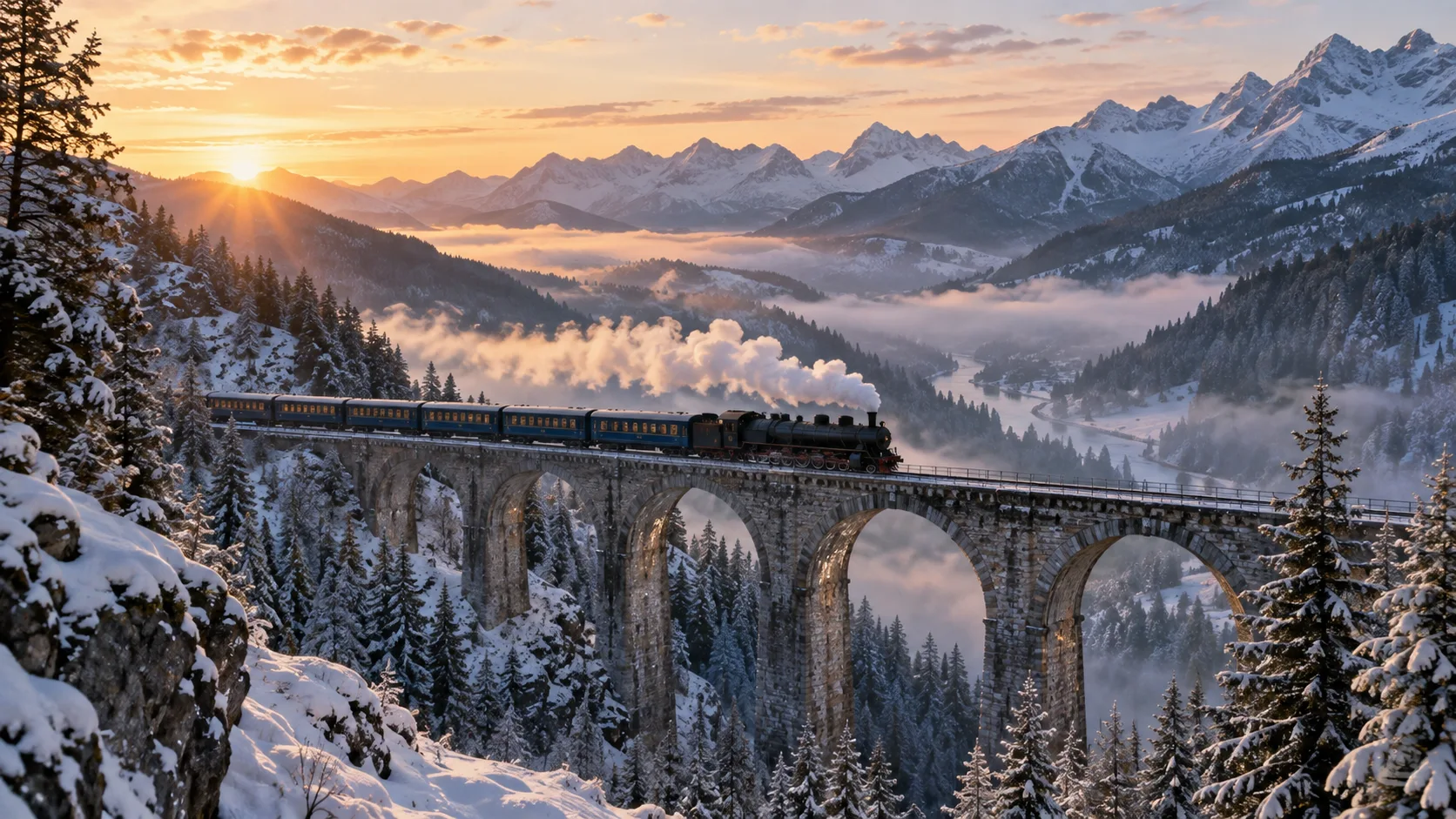 An unbranded steam train crosses a stone viaduct through snowy mountains.