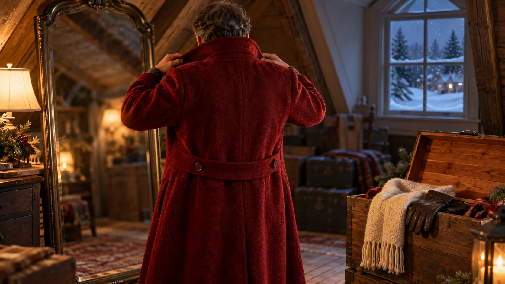 An anonymous adult fits a handmade crimson winter coat in a warm attic.