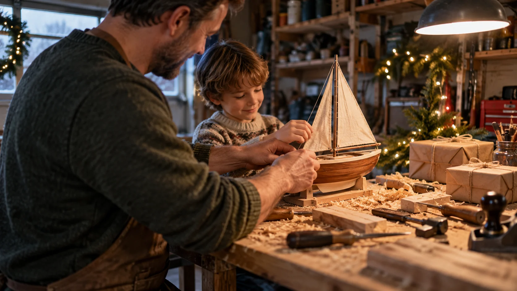 A parent and child build a wooden toy sailboat at a garage workbench.