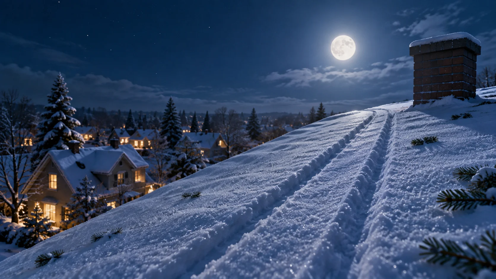 Sleigh-runner tracks cross a snowy rooftop beneath a bright moon.