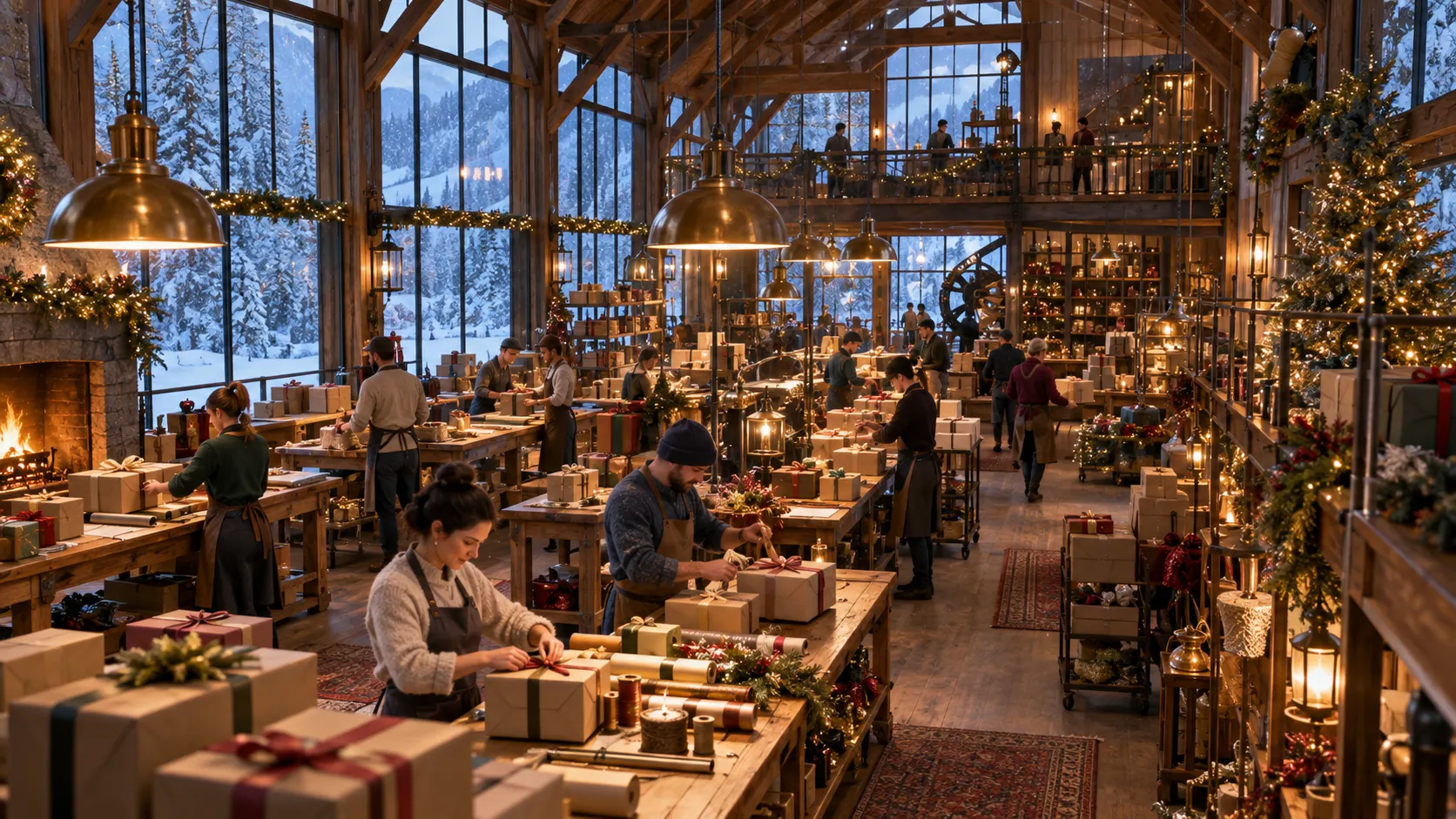Craft workers prepare blank parcels inside a snowy timber-and-glass hall.