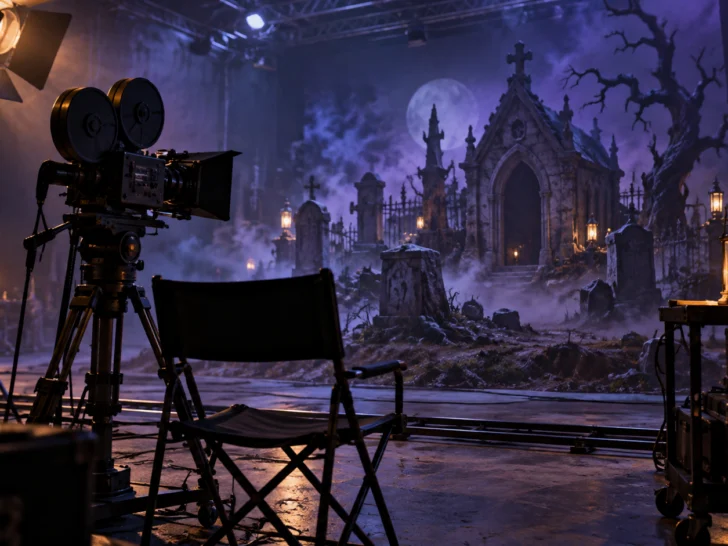 Vintage movie camera facing a foggy gothic cemetery set
