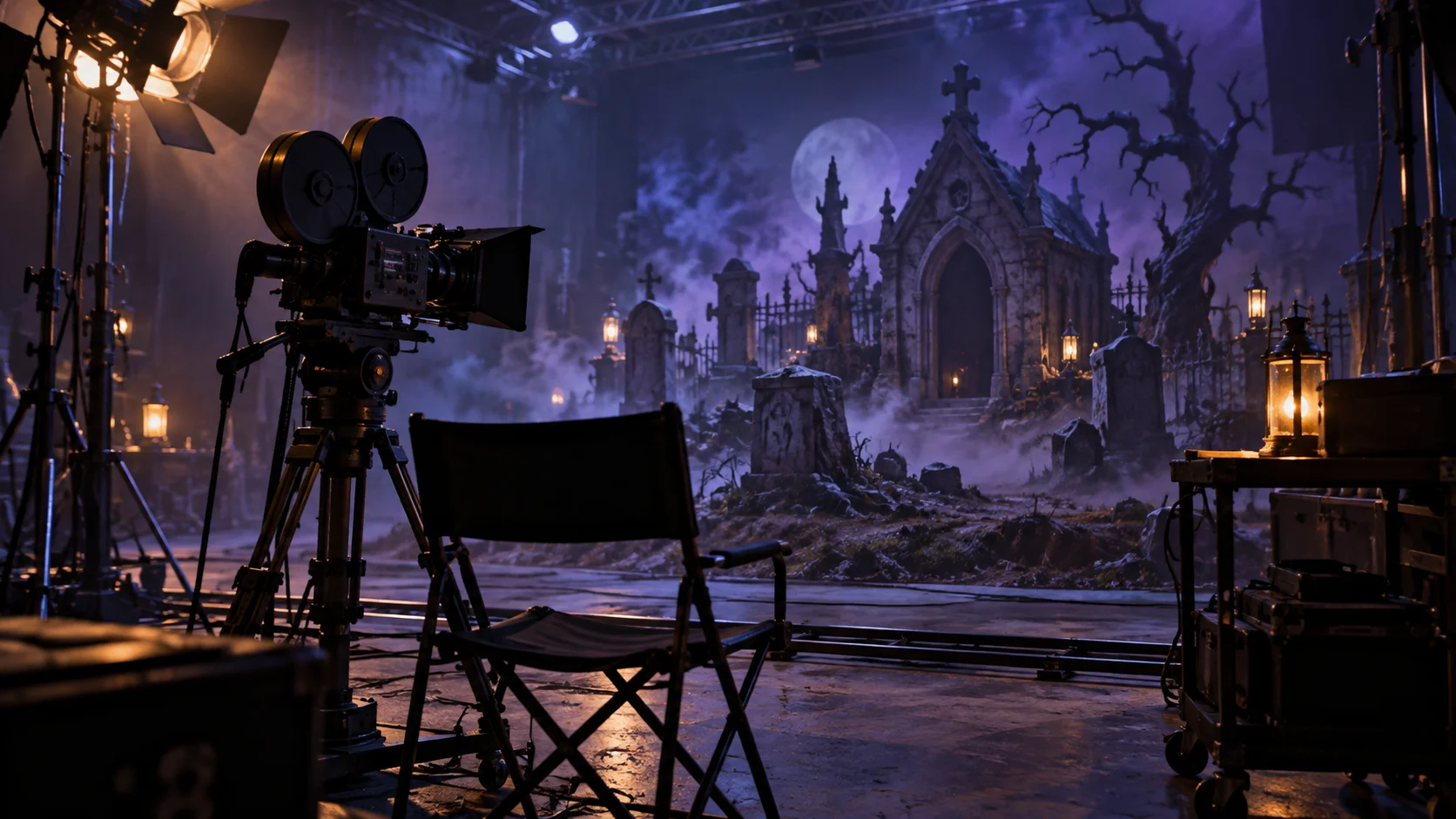 Vintage movie camera facing a foggy gothic cemetery set