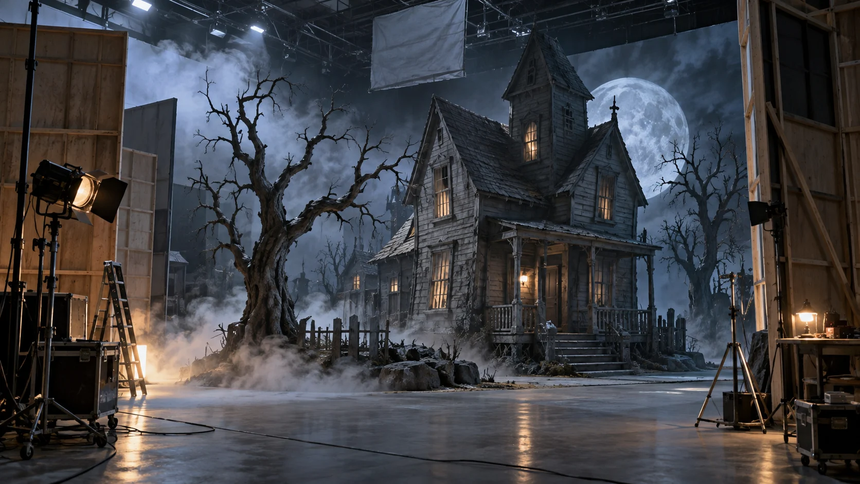 Crooked gothic house facade on an atmospheric movie soundstage