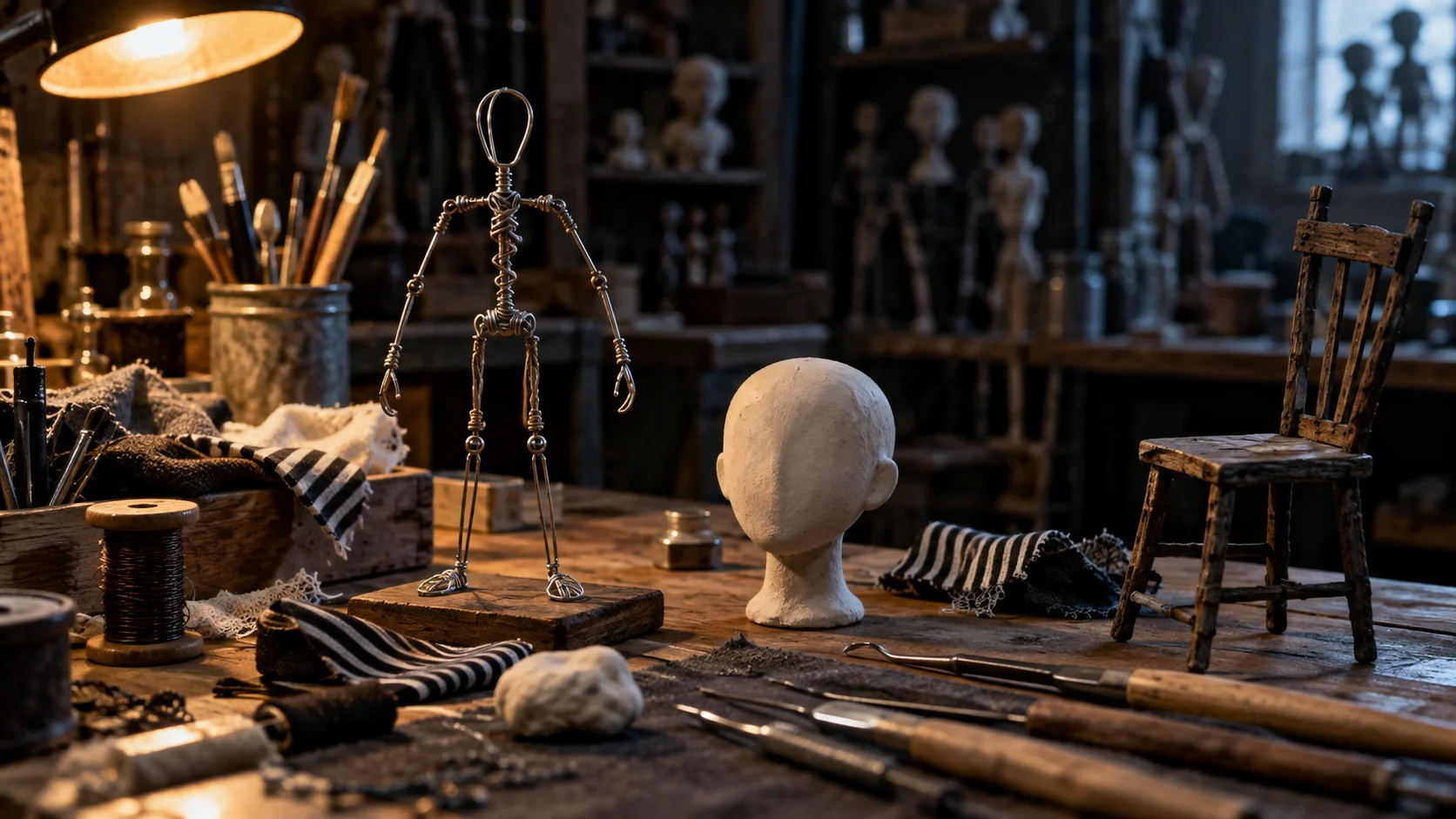Wire puppet armature and blank clay head in a practical-effects workshop