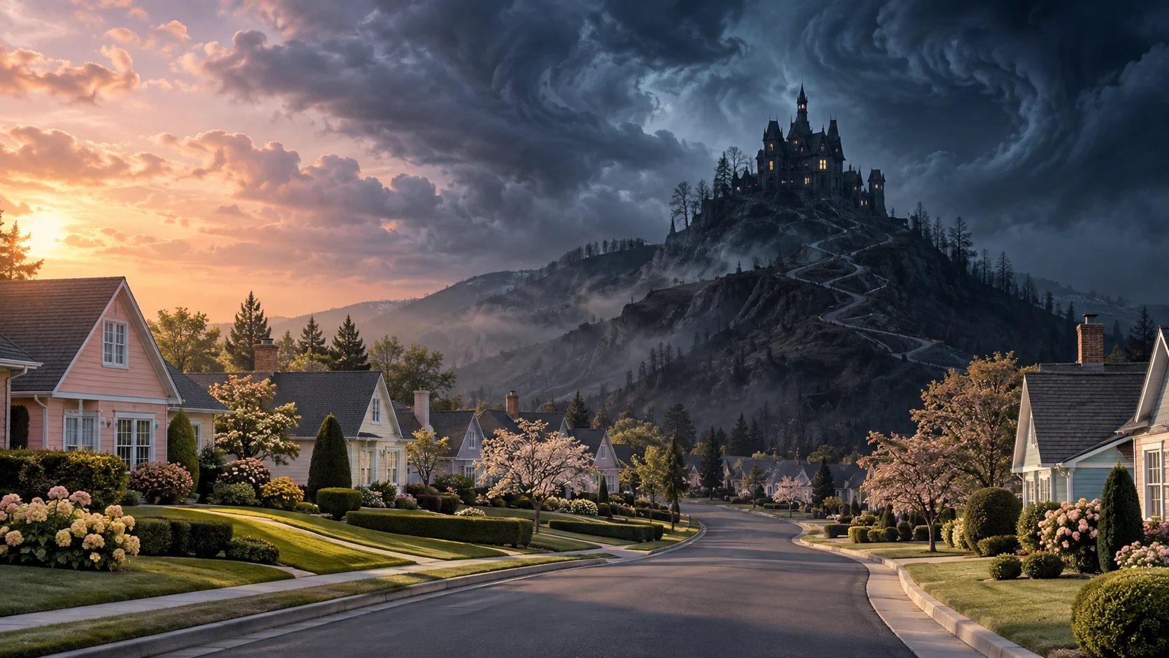 Pastel suburban street below a stormy hilltop gothic mansion