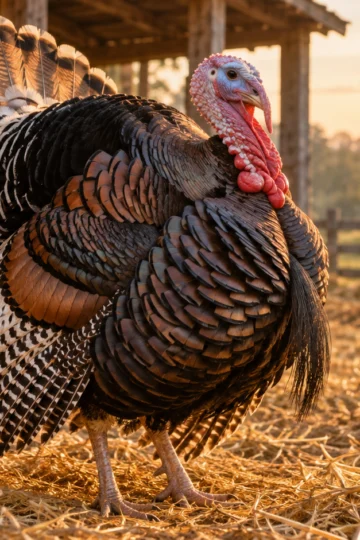 Heritage turkey standing in a sunlit rustic barnyard