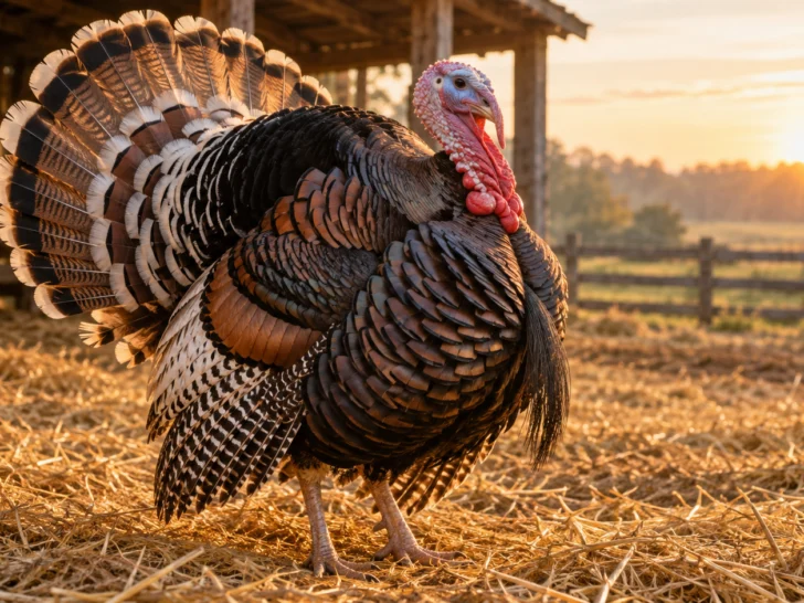 Heritage turkey standing in a sunlit rustic barnyard