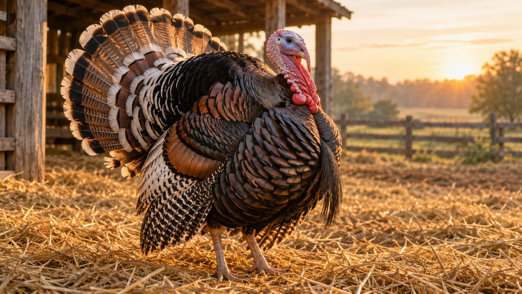 Heritage turkey standing in a sunlit rustic barnyard