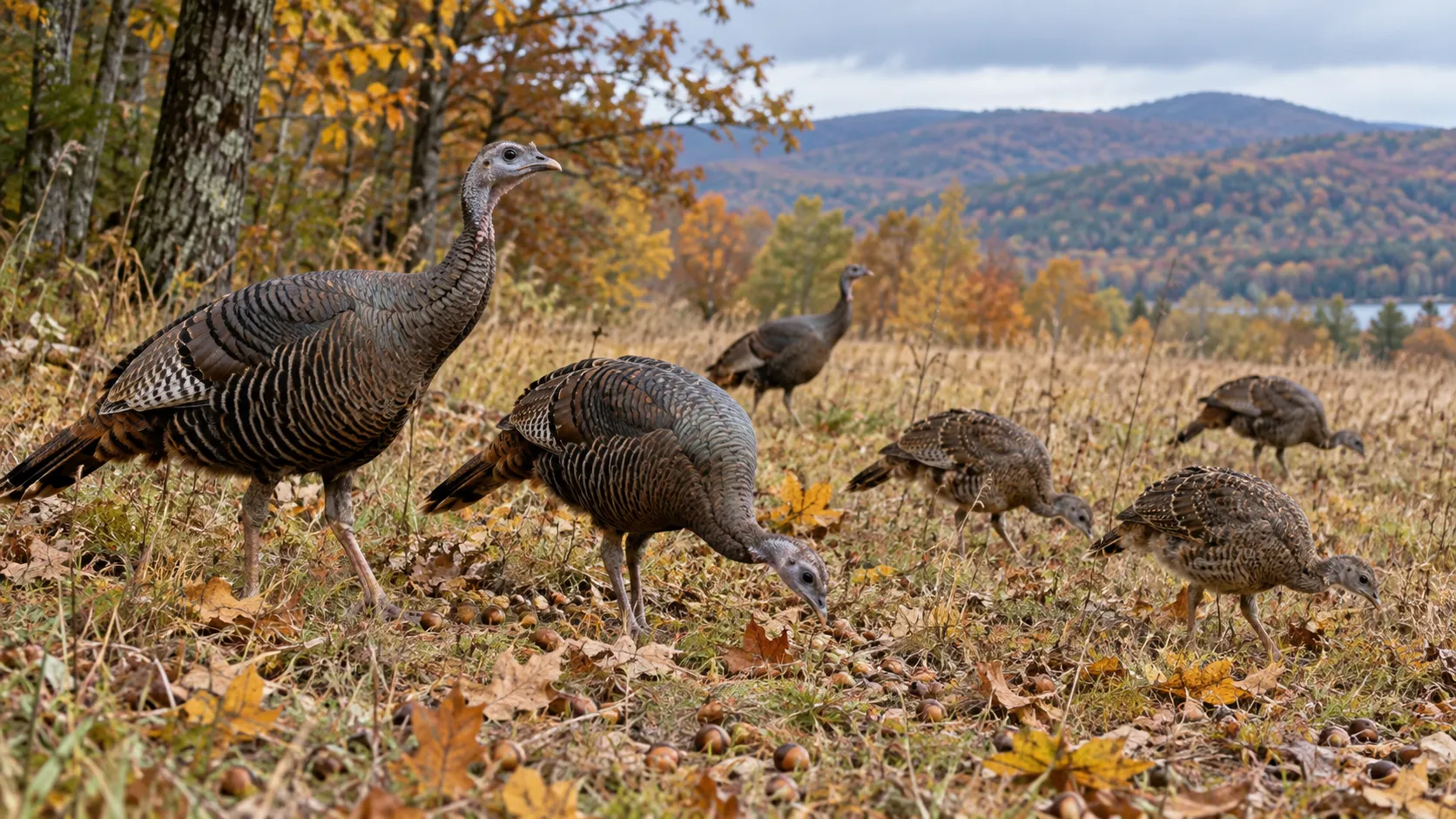Wild turkey flock foraging for acorns in an autumn meadow