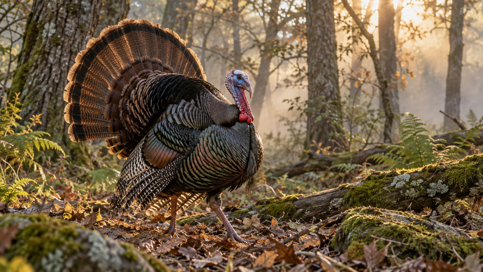 Wild turkey displaying its tail in a misty oak woodland