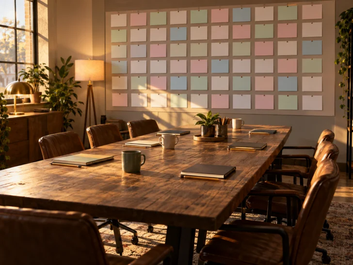 Blank story cards cover the wall of an empty sunlit television writers' room.