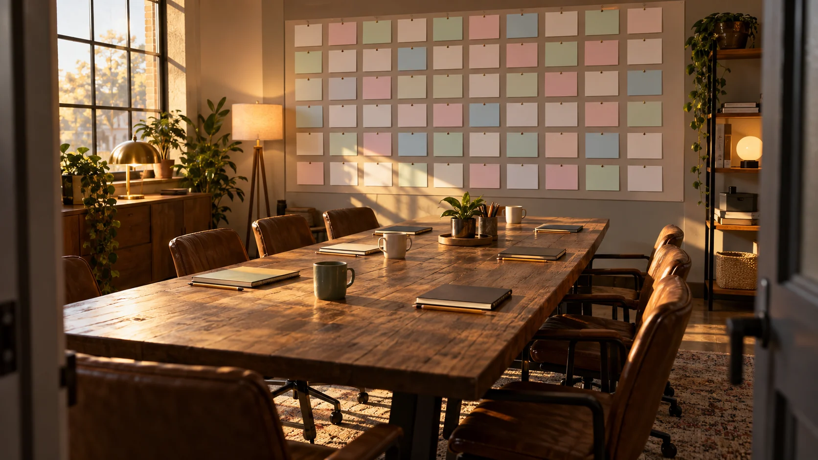 Blank story cards cover the wall of an empty sunlit television writers' room.
