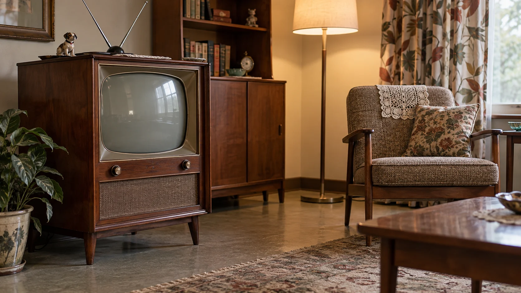 A blank-screen wooden television cabinet sits in a preserved midcentury living room.