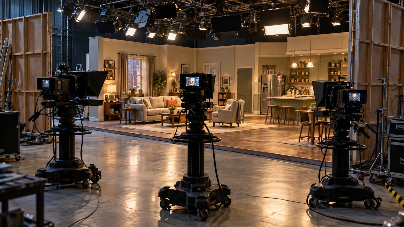 Three cameras face an original apartment set on an empty television soundstage.