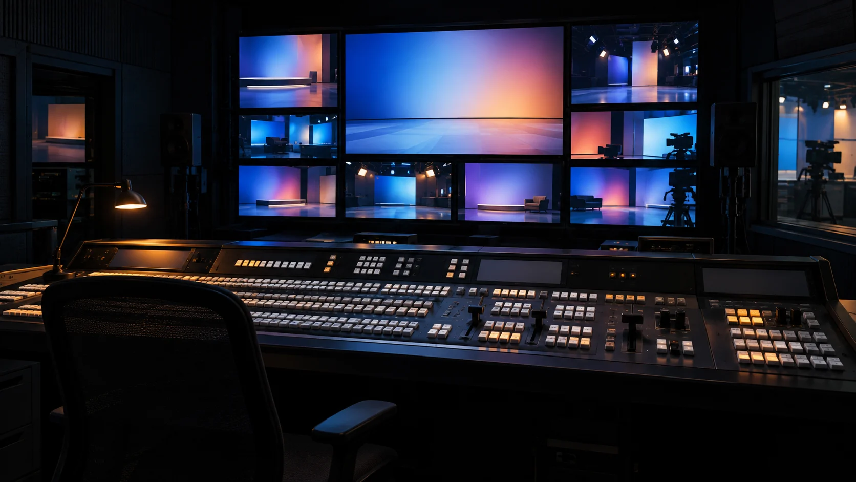 An unmarked switcher console faces abstract studio feeds in a television control room.