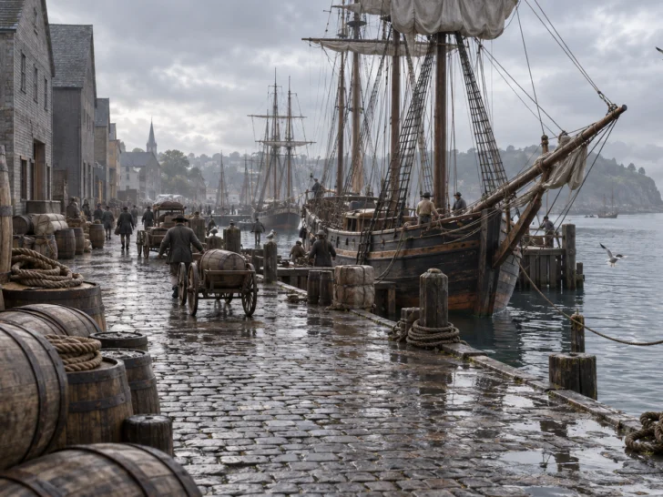 Sailing ships and barrels line a rainy reconstructed colonial Atlantic seaport.