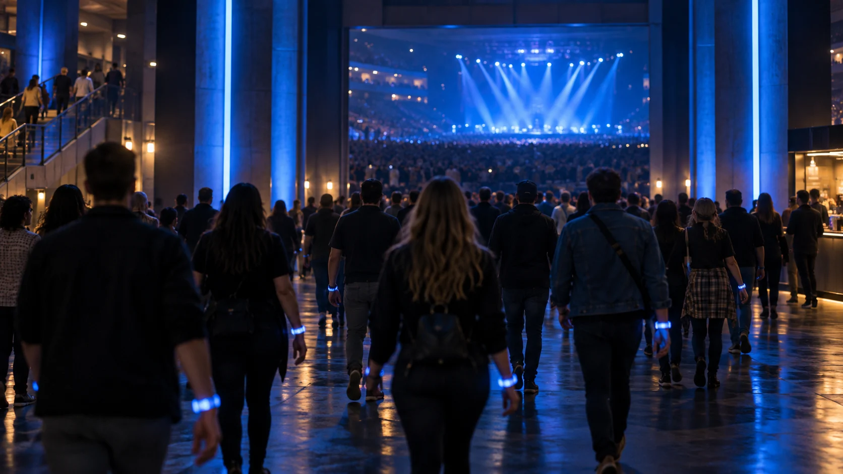 Blue-lit arena concourse for 120 U2 trivia