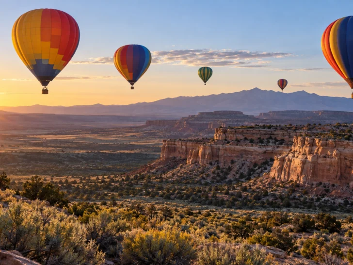 Colorful hot-air balloons floating above New Mexico mesas at sunrise