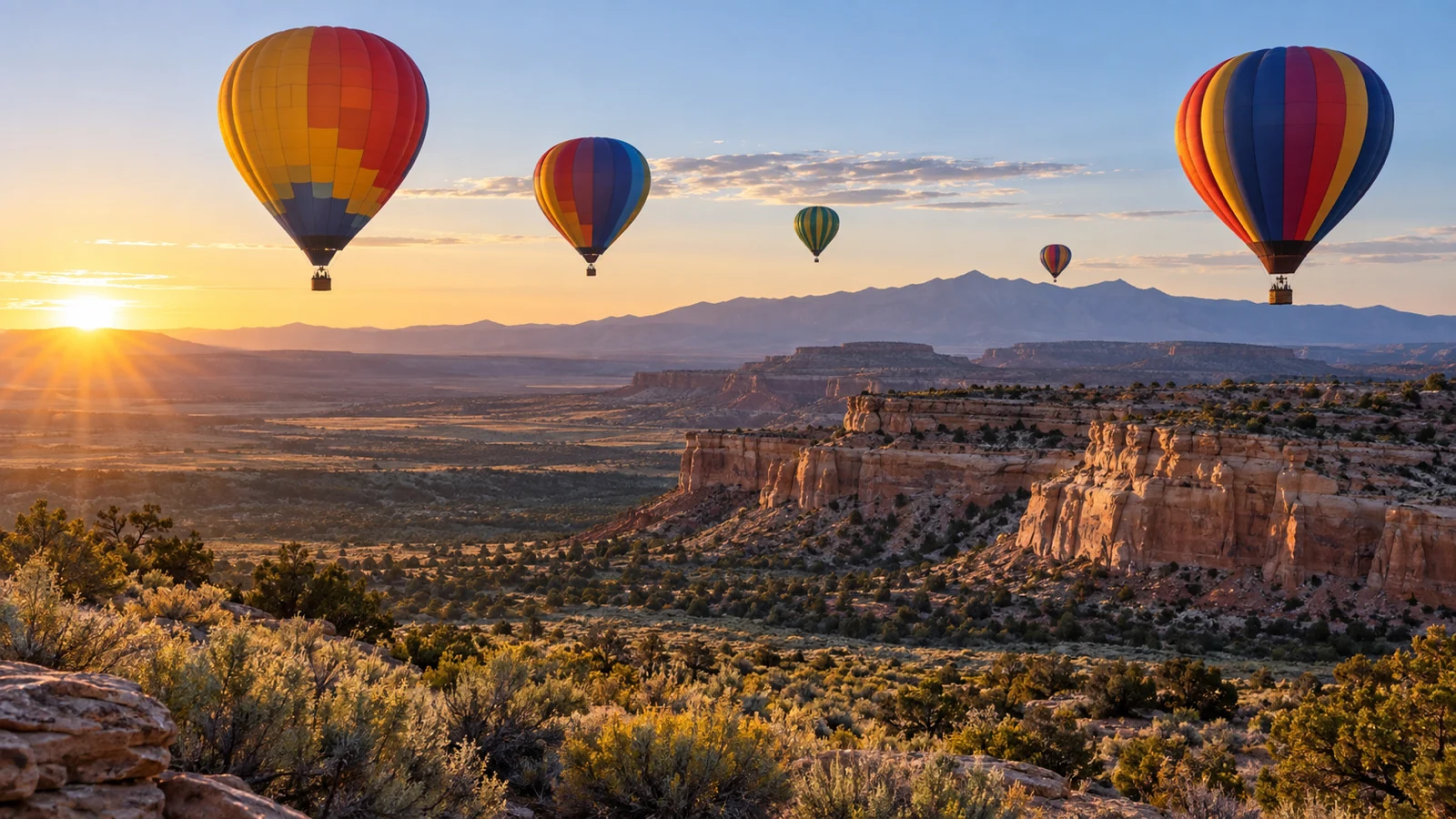 Colorful hot-air balloons floating above New Mexico mesas at sunrise