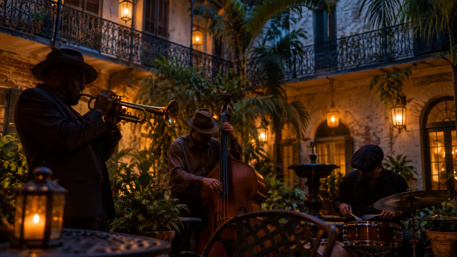 Anonymous jazz trio performing in a lantern-lit New Orleans courtyard