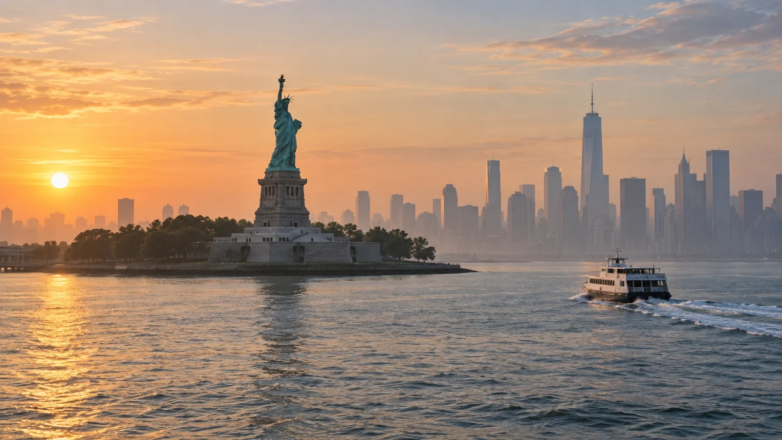 Statue of Liberty and Manhattan skyline across New York Harbor at dawn
