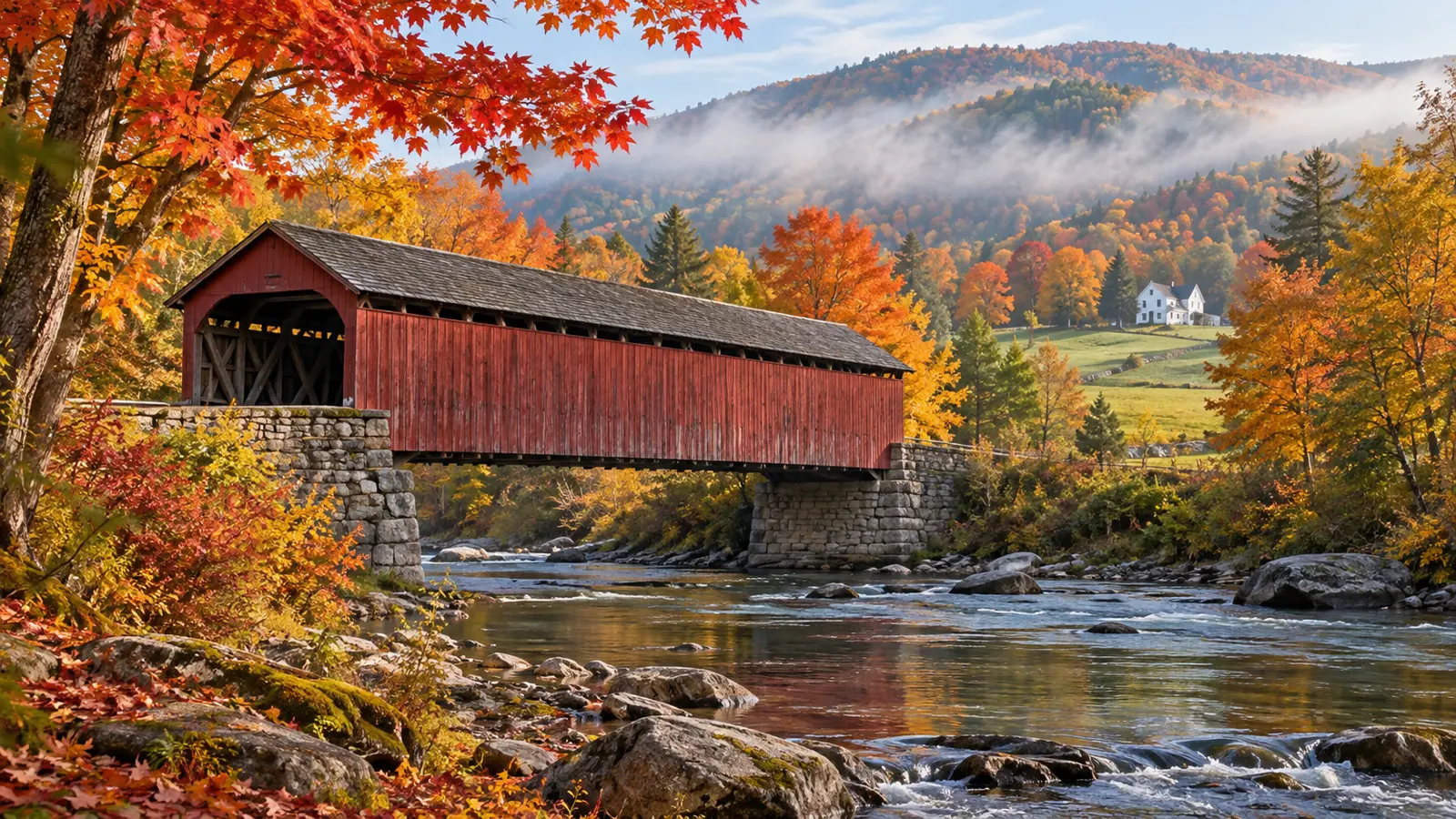 Red covered bridge spanning a Vermont river beneath bright autumn maples