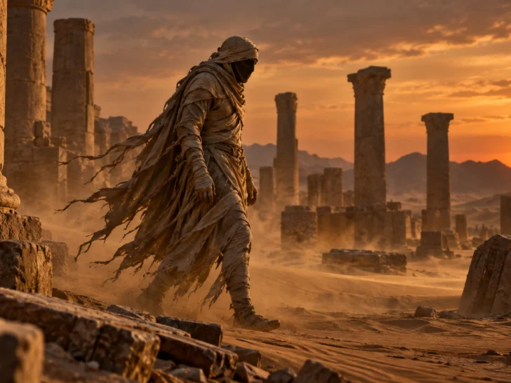 Original bandaged wanderer crossing desert ruins at amber twilight