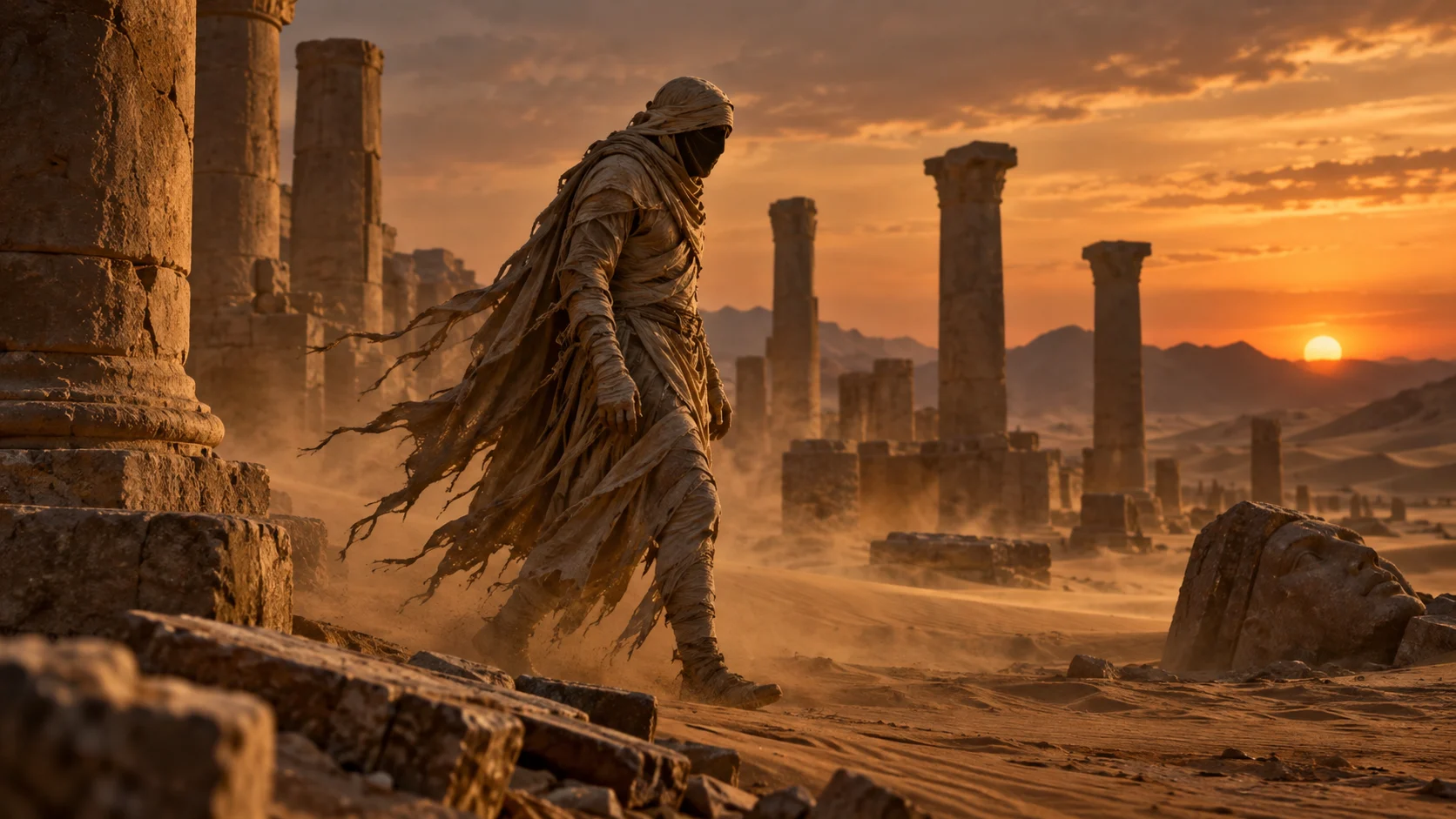 Original bandaged wanderer crossing desert ruins at amber twilight
