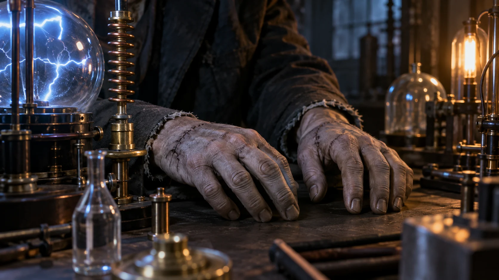 Stitched artificial-human hands among glowing vintage laboratory equipment