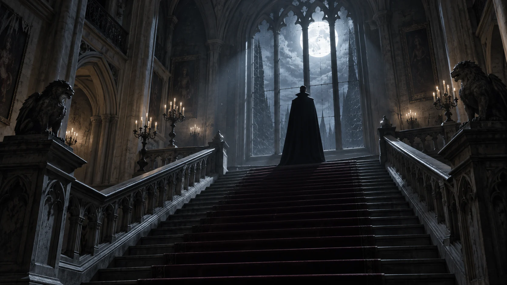 Original vampire archetype silhouetted on a moonlit gothic staircase