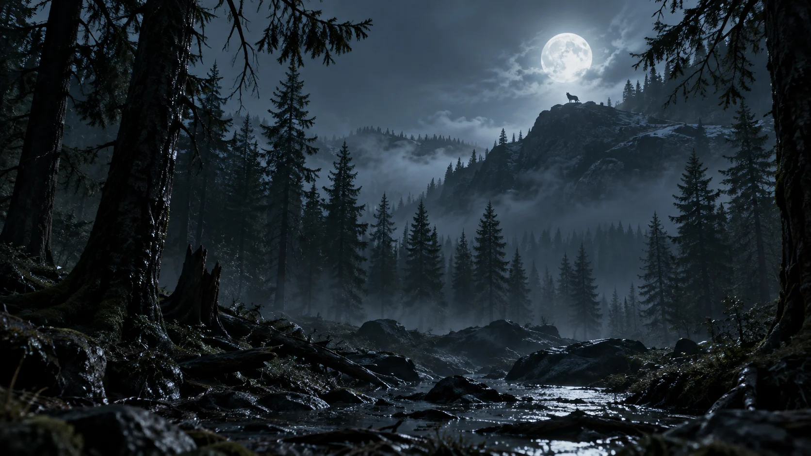 Distant wolf-creature silhouette on a misty ridge beneath the full moon