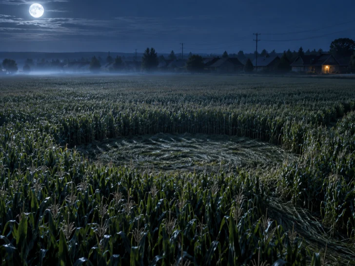A perfect circular clearing appears in a moonlit cornfield near distant homes.