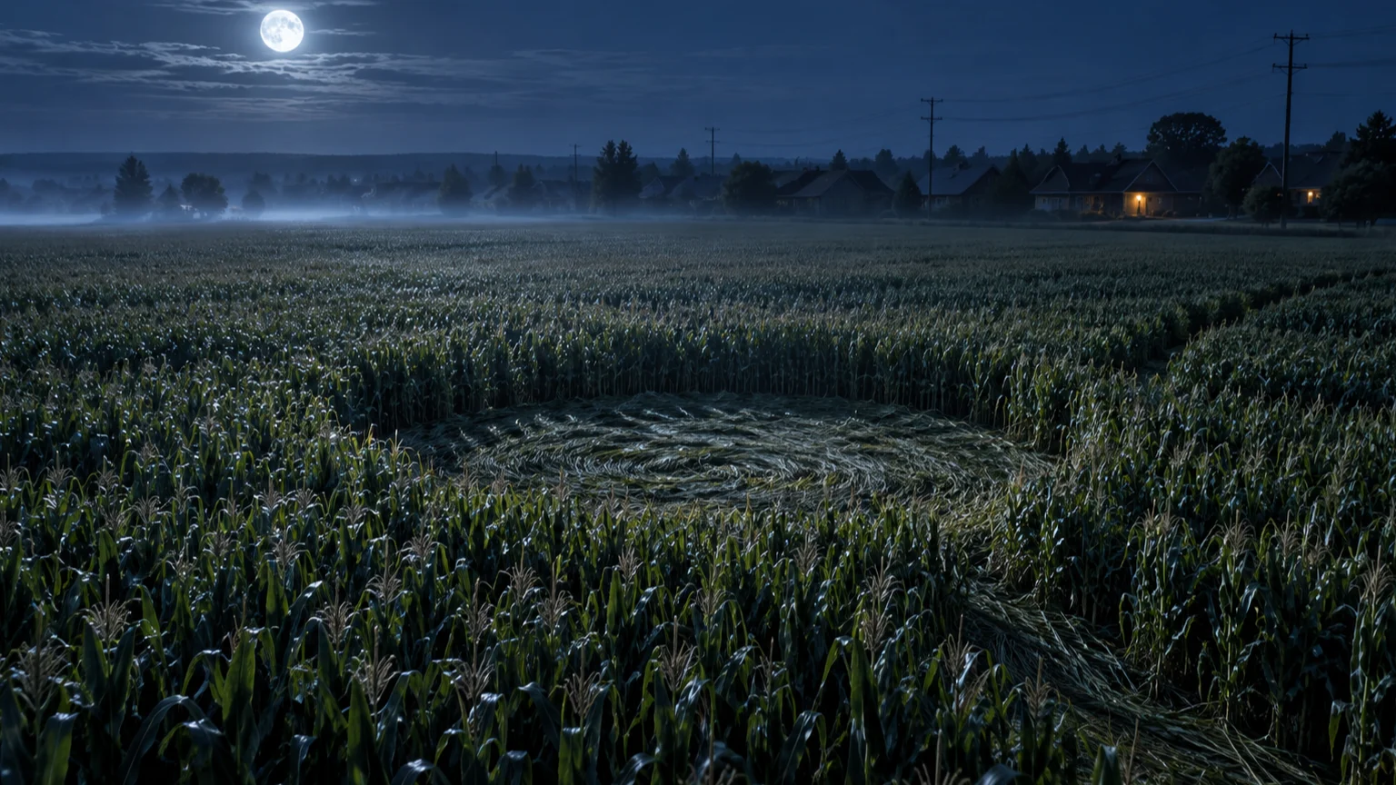 A perfect circular clearing appears in a moonlit cornfield near distant homes.
