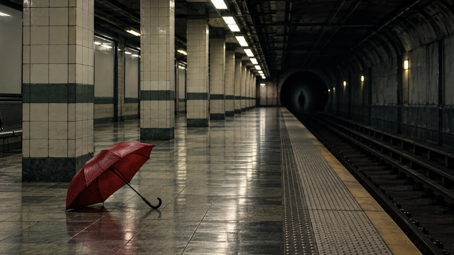 A red umbrella lies on an empty metro platform facing a dark tunnel.
